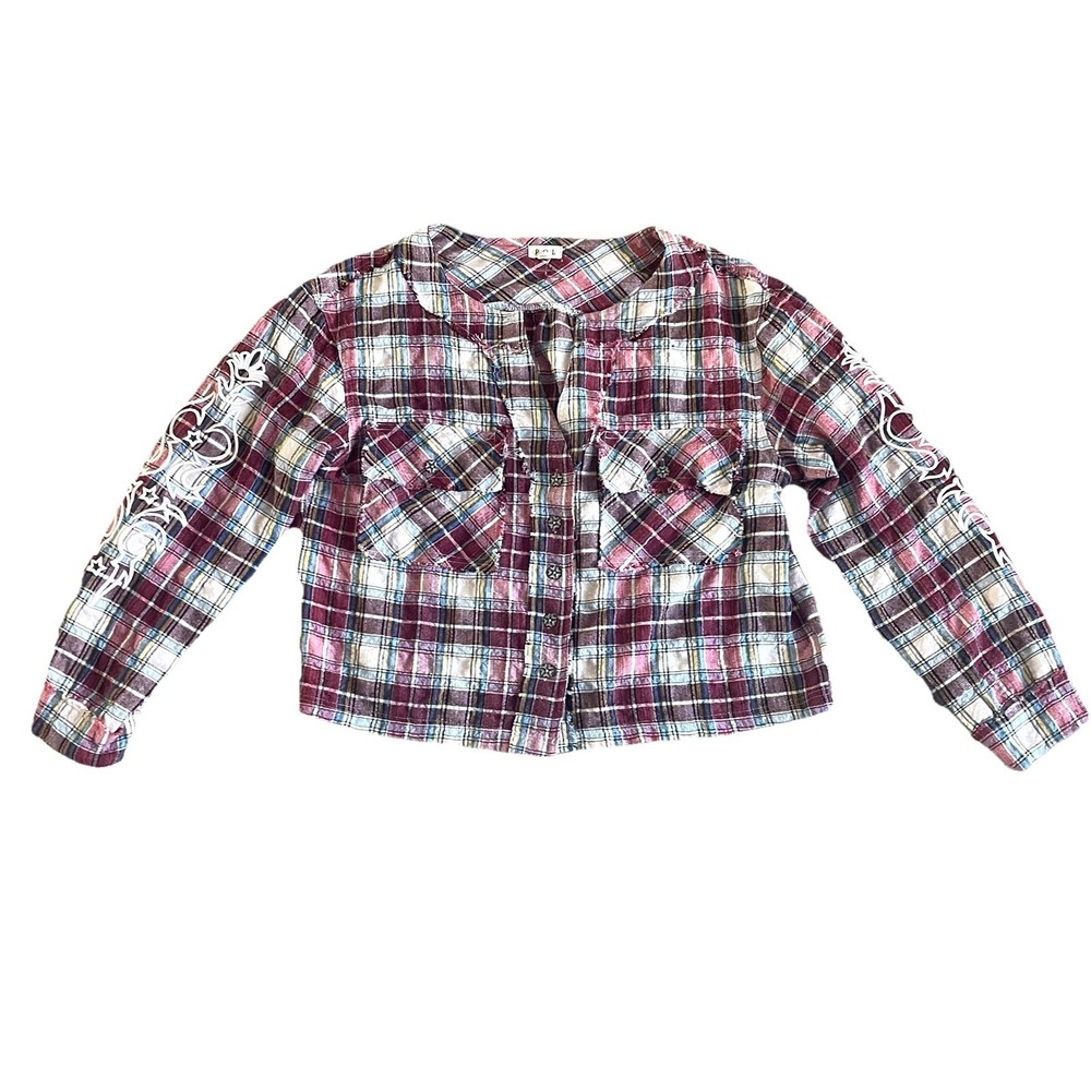Pol‎ Women's Oversized Flannel Top Small Plaid Buttons Boxy Embroidered FWT388